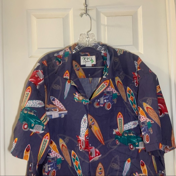 KY’s Blue Multicolor Hot Rod/Surf Board Print Button Up Shirt 2XL - Picture 5 of 9